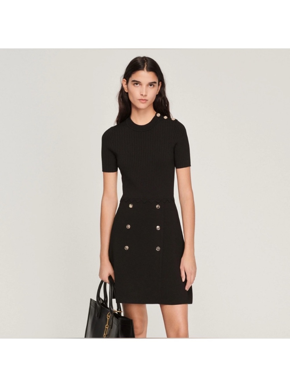 Sandro Black Ribbed Button-Accent Mini Dress